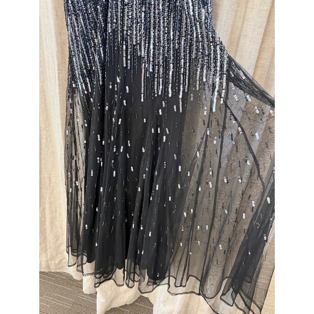 Adrianna Papell Black Silver Sequin Beaded Gown V-Neck Formal Maxi Dress 12 - Picture 2 of 7